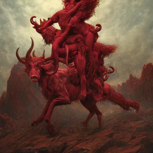 Image similar to a masterpiece! photographic portrait of a scarlet - colored beast with seven ( 7 ) heads and ten ( 1 0 ) horns by gustave dore and stephen hickman and allen williams, trending on artstation, cgsociety, 8 k hd, earthtone colors, a cloaked woman riding the back of the beast