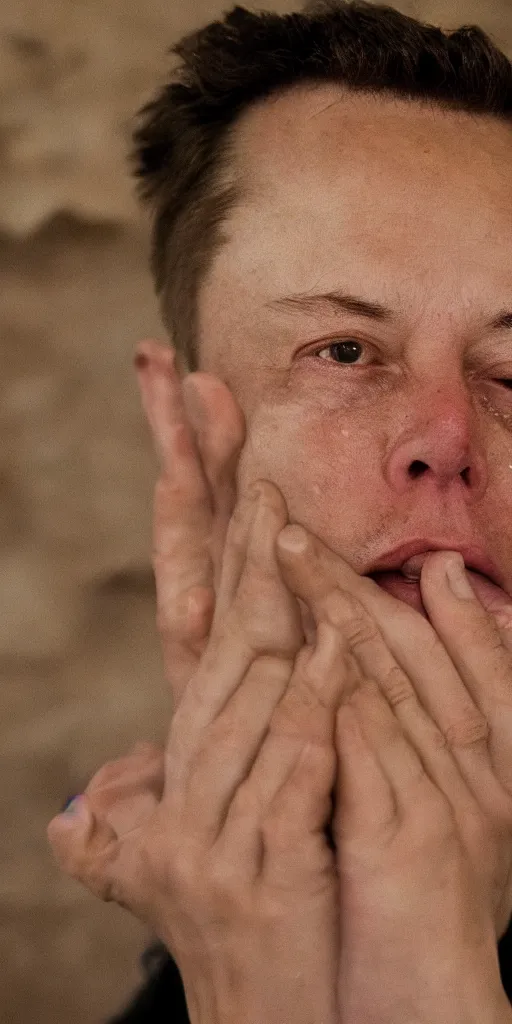 Image similar to elon musk crying in a dark cave, warm lighting, sony 5 0 mm lens