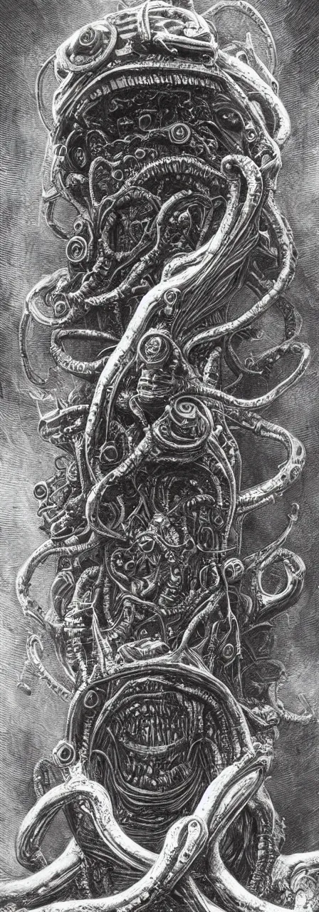 Image similar to 3D Lovecraftian and Astronaut pareidolia, cosmic horror concept, discovery concept, engineered by H.R. Giger, painter by gustave doré