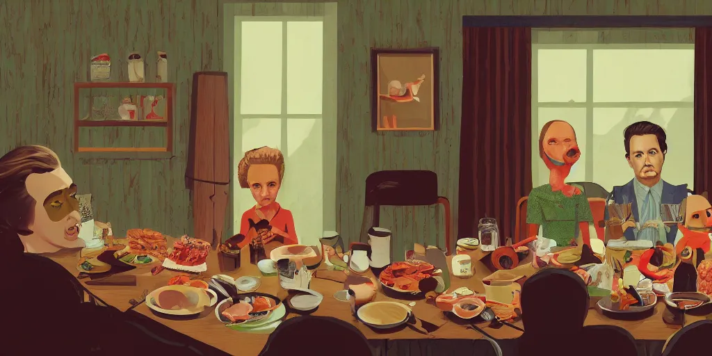 Prompt: A family lunch in the style of David Lynch, by Wes Anderson, concept art, arstation