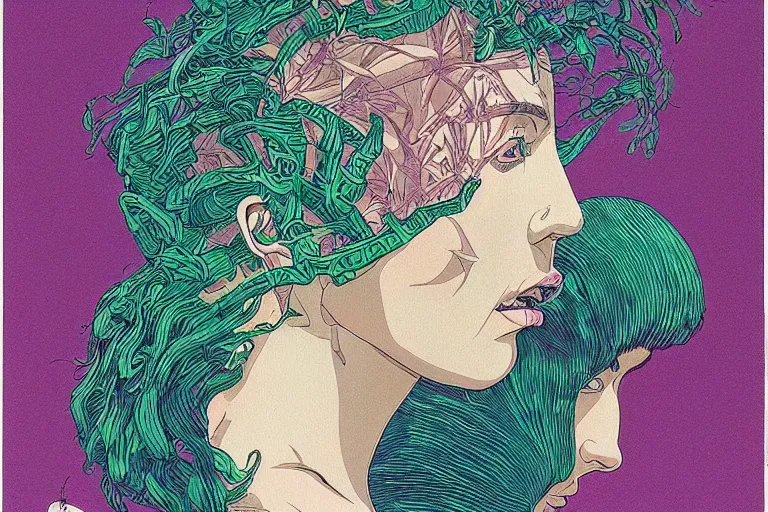 Prompt: gigantic woman head, a lot of exotic vegetation around, trees, flowers, risograph!, oldschool vintage sci - fi flat surreal design, super - detailed, fullshot, painting by moebius