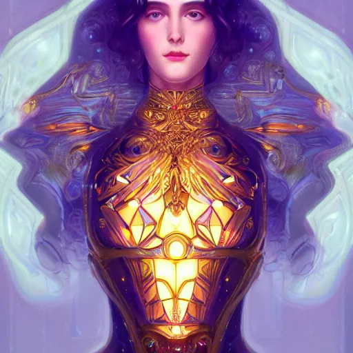 Image similar to ultradetailed ornate pre-raphaelite RPG illustration of beautiful symmetric robot radiating glowing aura, fully clothed with an art deco costume, digital airbrush painting, 3d rim light, hyperrealistic masterpiece, artstation, cgsociety, golden ratio