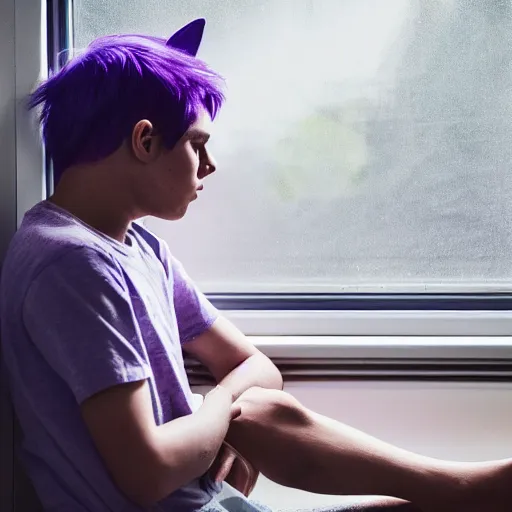 Image similar to man sleeping, a boy with purple hair and cat ears standing in window, dark lighting