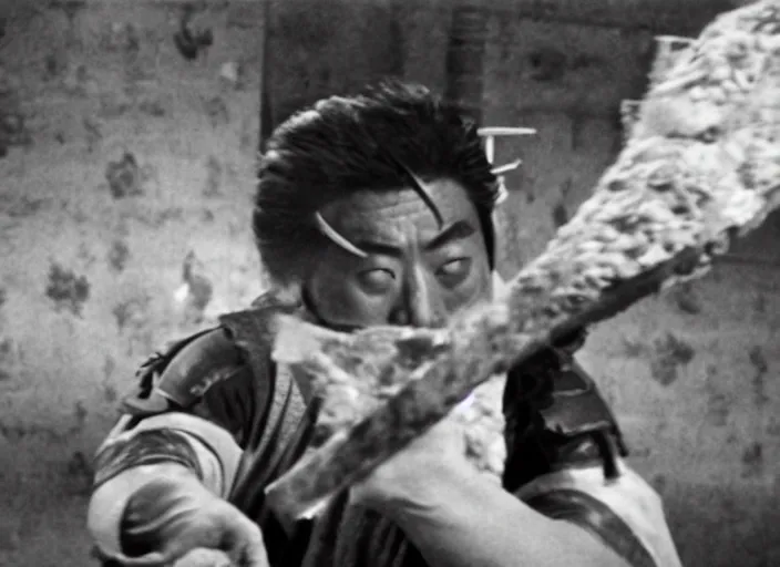 Image similar to a movie still of a samurai slicing through a loaf of bread by Akira Kurosawa