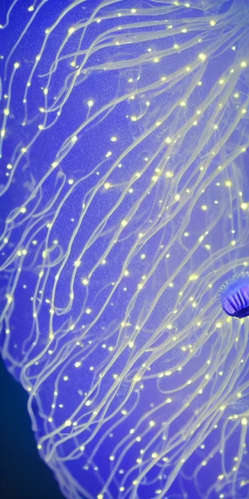 Image similar to at night, big blue jellyfish glowing in the night, very close detailed closeup, bokeh