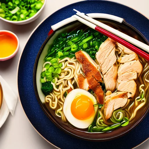 Image similar to A delicious ramen with chicken, eggs, and veggies, the only lighting is from the sunlight, photorealistic imagery, 35mm photography, professional photography, 4k, 8k