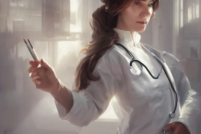 Prompt: an elegant and beautiful female doctor in a white coat in a hospital ward, cinematic, highly detailed, digital painting, artstation, concept art, matte, sharp focus, illustration, art by artgerm and greg rutkowski