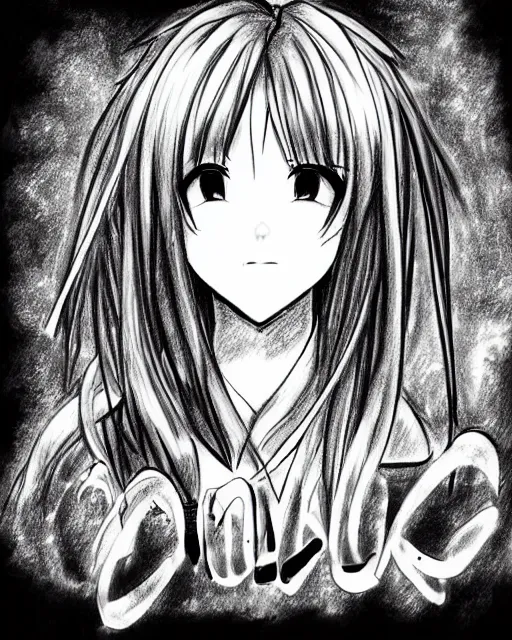 Image similar to awesome drawing of a beautiful girl with signature text jet, anime style