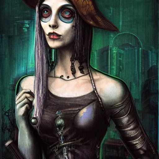 Image similar to a cyberpunk witch painted by leonardo da vinci, tim burton, digital art