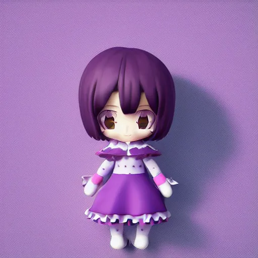 Prompt: cute fumo plush of a girl in a purple polka dot dress, anime, character silhouette, edge glow, cel shaded pbr, vray
