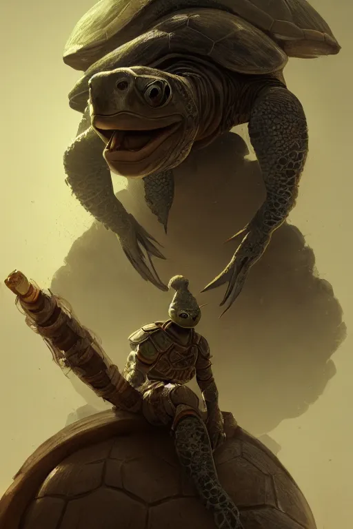 Prompt: An turtle warrior, illustration, soft lighting, soft details, close portrait, dark mood, painting oil on canvas by Cedric Peyravernay octane render trending on artstation d&d characters, 4k, 8k, HD