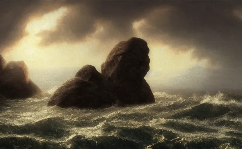 Image similar to large rock in the middle of the ocean, large waves, surrounded by water, dark skies, close up shot, rocky, at dusk, 4k, rule of thirds, extreme detail, hazy, intricate ink illustration, surreal, surrealist, trending on artstation, cgsociety, hd, complimentary colours, realistic lighting, by Albert Bierstadt, Frederic Edwin Church.