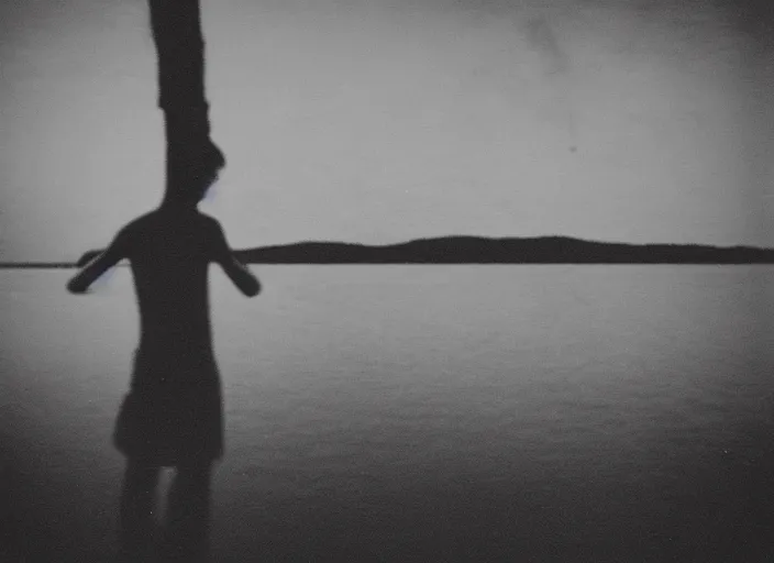 Prompt: sad boy by Andrei Tarkovsky, lake, lomography photo, blur, monochrome