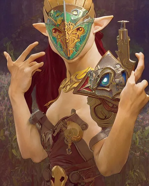 Image similar to happy mask salesman from zelda, full body photo,, highly detailed, digital painting, artstation, concept art, smooth, sharp focus, illustration, art by artgerm and greg rutkowski and alphonse mucha and wlop!!!!!!!