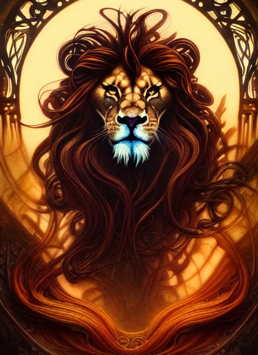 Image similar to portrait of demigod hercules, long wavy auburn hair, lion head, glowing eyes, volumetric lights, forest, art nouveau botanicals, gothic, intricate, highly detailed, digital painting, artstation, concept art, smooth, sharp focus, symmetric face, illustration, steampunk, art by artgerm and greg rutkowski and alphonse mucha