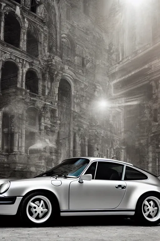 Image similar to Photo of a silver Porsche 911 Carrera 3.2, daylight, dramatic lighting, award winning, highly detailed, wide shot, 1980s Versace ad, Fashion photography, fine art print.