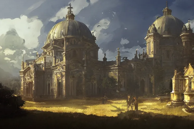 Image similar to an ornate baroque church built on top of a tank. scene in an open field. key visual, conceptart, ambient lighting, highly detailed, digital painting, artstation, concept art, sharp focus, by makoto shinkai and akihiko yoshida and greg manchess