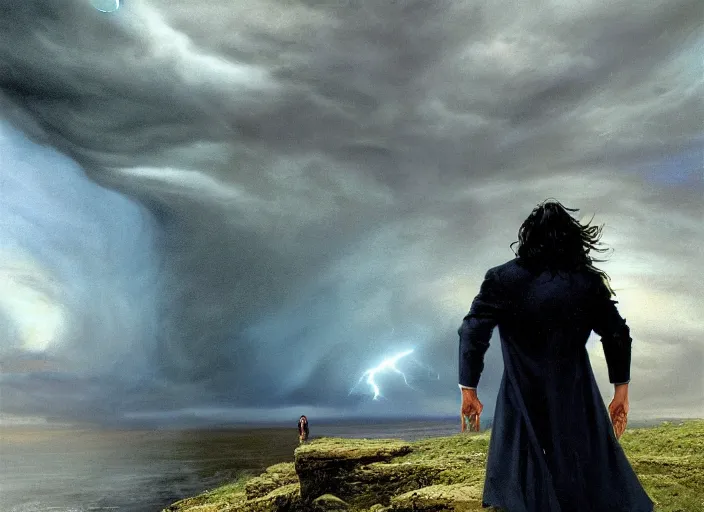 Image similar to a man with a long wavy black hair wearing a long blue coat and stands in the foreground with his back to the viewer. he is on bare rocky ground looking up at an immense approaching lightning storm. roiling dramatic threatening dangerous looming clouds. dramatic fantasy art by michael whelan and greg rutkowski