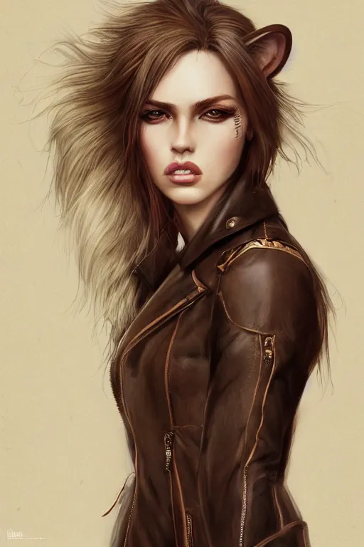 Prompt: furry female, lioness, leather jacket, nymph, fashion photography, concept art, costume design, illustration, cinematic color grading, editorial photo, fashion, hyperrealism, trending on artstation, Charlie Bowater, WLOP, detailed, elegant