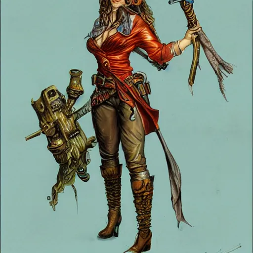 Image similar to full body concept art of a female pirate by Patrick Woodroffe