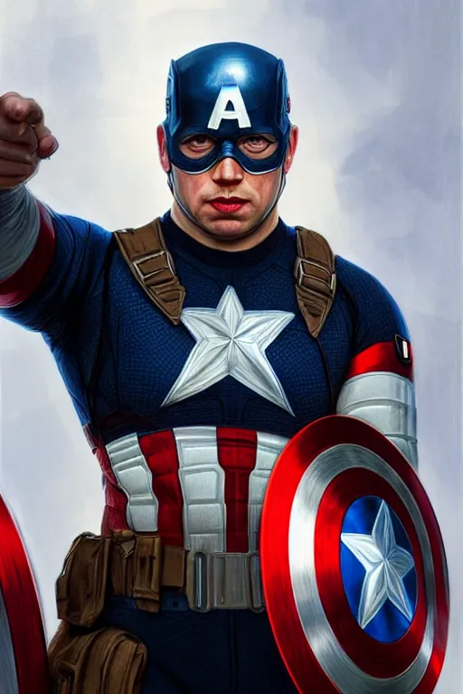 Image similar to Boris Johnson as Captain America, realistic portrait, symmetrical, highly detailed, digital painting, artstation, concept art, smooth, sharp focus, illustration, cinematic lighting, art by artgerm and greg rutkowski and alphonse mucha