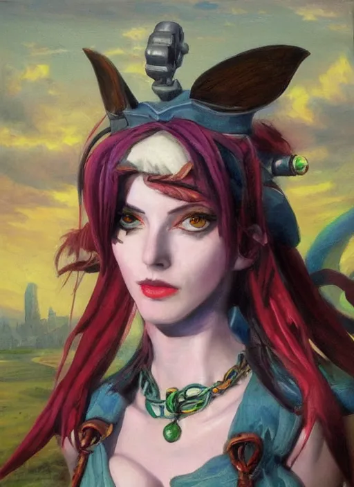 Prompt: oil painting of jinx league of legends in the style of sophie anderson,