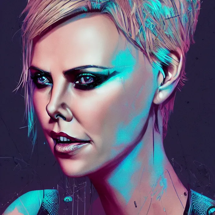 Image similar to portrait of charlize theron as a punk rock girl. intricate abstract. intricate artwork. by tooth wu, wlop, beeple, dan mumford. octane render, trending on artstation, greg rutkowski very coherent symmetrical artwork. cinematic, hyper realism, high detail, octane render, 8 k, iridescent accents