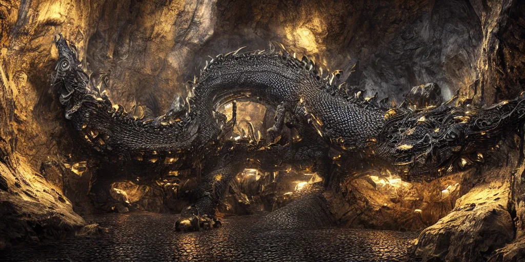 Prompt: The gold horde of a huge black dragon in a mine underground made out of intricately carved stone in a dark cavern, rainy, fantasy digital art, octane render, beautiful composition, trending on artstation, award-winning photograph, masterpiece