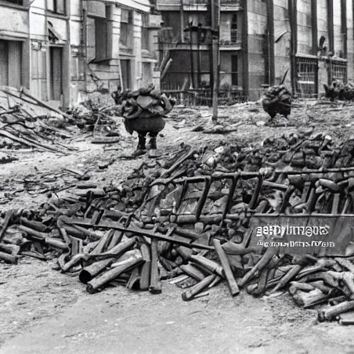 Prompt: Minions barricade themselves on Berlin preparing for the defense of the city against the soviets, Berlin's last stand, second world war, 1945, award winning, historical footage