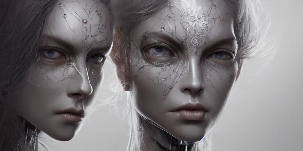 Prompt: photorealistic gorgeous symmetrical female cyborg, holding intimately, highly detailed, intricate detailing, in the style of, beth cavener, jin kagetsu, wlop, masterpiece, concept art, high key lighting, ambient lighting, octane render, 8 k, artstation