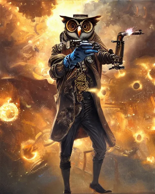 Image similar to oil painting of Anthropomorphized Steampunk Owl shooting steampunk gun, sharp focus, exploding golden steampunk city background, heroic pose, fantasy style, octane render, volumetric lighting, 8k high definition, by greg rutkowski, highly detailed, trending on art Station, magic the gathering artwork, centered, dramatic artwork