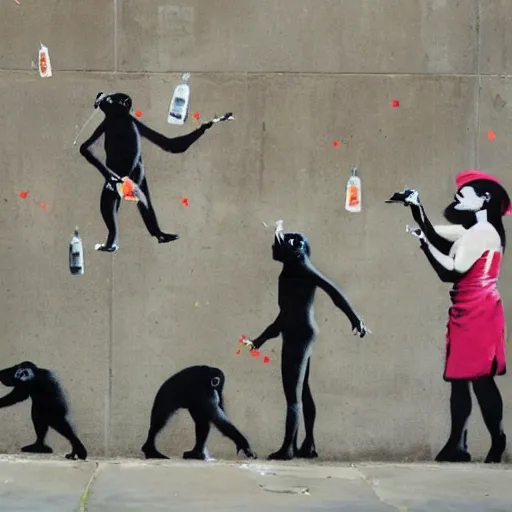 Prompt: multiple beautiful women looking at banksy of 2 apes holding champaign bottles, money falling from the sky