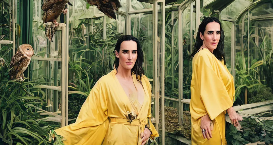 Image similar to Large format Portrait of Jennifer Connelly wearing a yellow kimono in a tropical greenhouse with a very detailed barn owl on her shoulder, medium format camera, 85mm f1.8, bokeh, sharp focus, detailed, centered, editiorial photoshoot, dreamy, elegant