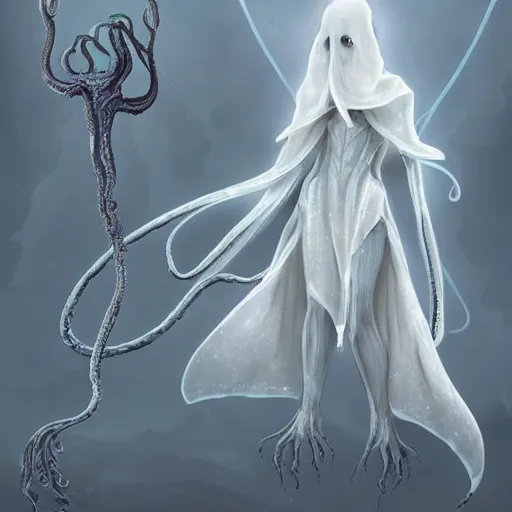 Image similar to concept designs for an ethereal ghostly wraith like figure with a squid like parasite latched onto its head and long tentacle arms that flow lazily but gracefully at its sides like a cloak while it floats around a frozen rocky tundra in the snow searching for lost souls and that hides amongst the shadows in the trees, this character has hydrokinesis and electrokinesis for the resident evil village video game franchise with inspiration from the franchise Bloodborne and the mind flayer from stranger things on netflix in the style of a marvel comic