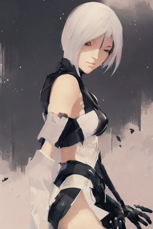 Image similar to a ultradetailed beautiful portrait panting of 2 b from nier automata, by conrad roset, greg rutkowski and makoto shinkai trending on artstation