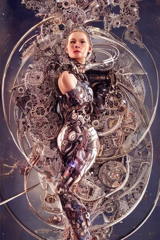 Image similar to a beautiful mechanized feminine android goddess of the quantum realm, westworld, photorealistic, intricate detail, elaborate machinery, clockwork, torn tapestry, swirling smoke, ember particles, regal design, royal relief