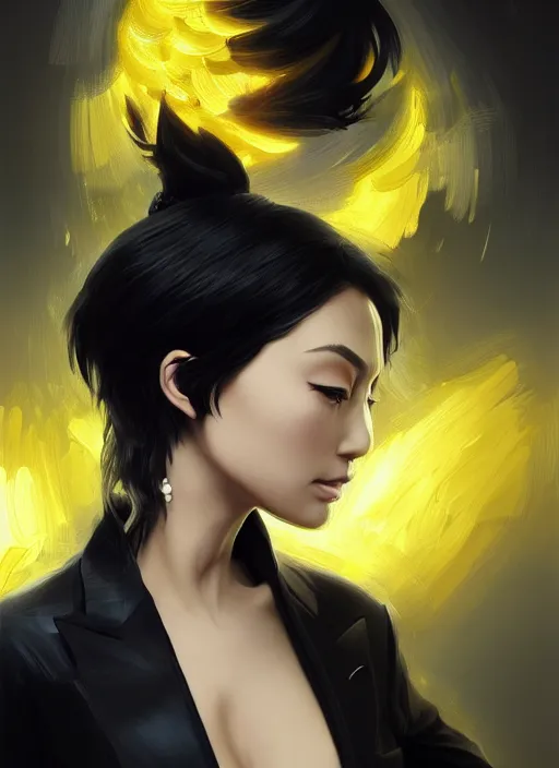 Prompt: a highly detailed illustration of meisa kuroki as short black haired young woman wearing black suit with coattails, yellow eyes, dramatic elegant pose, intricate, elegant, highly detailed, centered, digital painting, artstation, concept art, smooth, sharp focus, league of legends concept art, wlop.