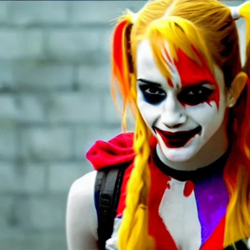 Prompt: film still of Emma Watson as Harley Quinn in the new Joker movie