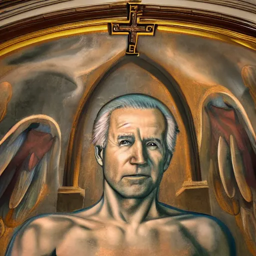 Image similar to a church mural of joe biden as a god, 4 k, highly detailed, painted by michelangelo