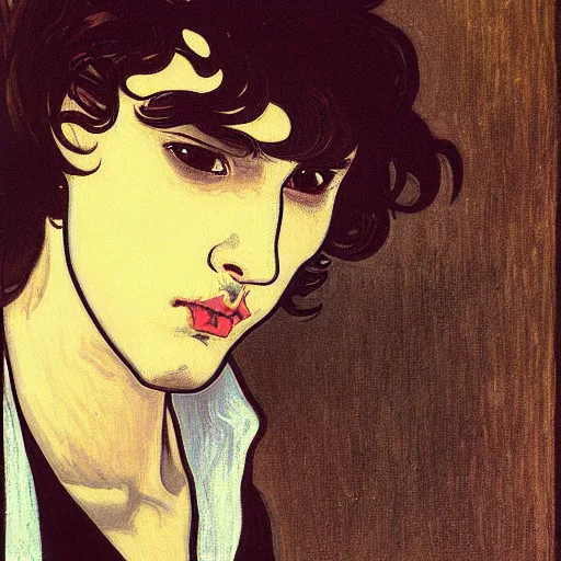 Image similar to painting of young cute handsome beautiful dark medium wavy hair man in his 2 0 s named shadow taehyung at the halloween pumpkin party, straight nose, depressed, melancholy, autumn, tokyo, elegant, clear, painting, stylized, delicate, soft facial features, delicate facial features, soft art, art by alphonse mucha, vincent van gogh, egon schiele