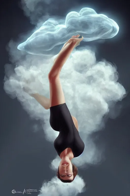 Prompt: a woman) floats in the air surrounded by a hand-shaped cloud of smoke by Artgerm