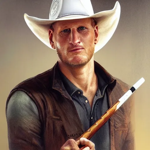 Image similar to portrait painting of smirk woody harrelson, with a cowboy hat and bloody golf club, ultra realistic, concept art, intricate details, eerie, highly detailed, photorealistic, octane render, 8 k, unreal engine. art by artgerm and greg rutkowski and alphonse mucha