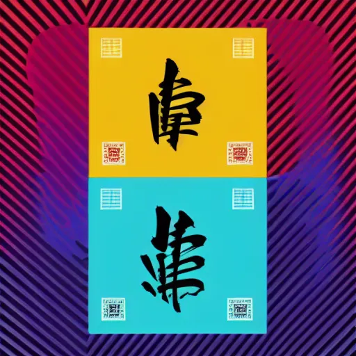 Image similar to square LP album cover design with bright and colourful contemporary typographic Japanese kanji, layout design, illustrator vector graphics