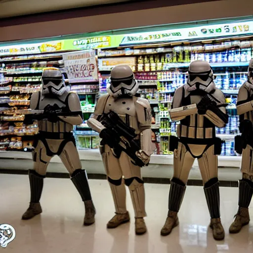 Prompt: Star wars troopers fighting with bananas in a supermarkets fish area, the star wars troopers try shooting and hitting other troopers with bananas, high perspective inside the store, 40nm lens, shallow depth of field, split lighting, 4k,