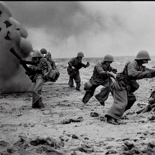 Image similar to ww 2 realistic photo in color beach landing, battle on the beach, blood everywhere, explosions