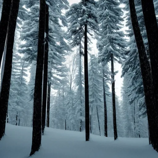 Prompt: snow - covered, dimly lit forest. in the forest, there are many trees so tall that only their trunks can be seen