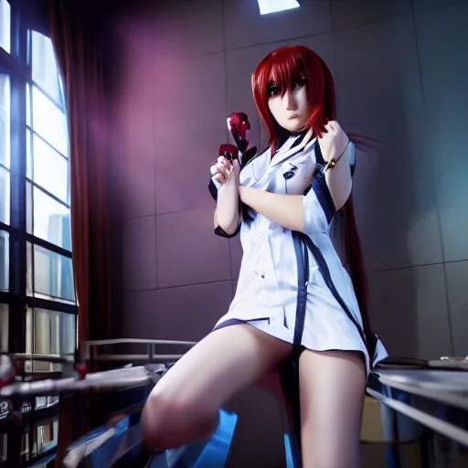 Prompt: cosplay on hot makise kurisu, ultra - hd, hcl, 1 2 - bit, ar, volumetric lighting, screen space global illumination, opaque, optics, lumen reflections, vfx, insanely detailed and intricate, hypermaximalist, elegant, ornate, hyper realistic, super detailed, full body