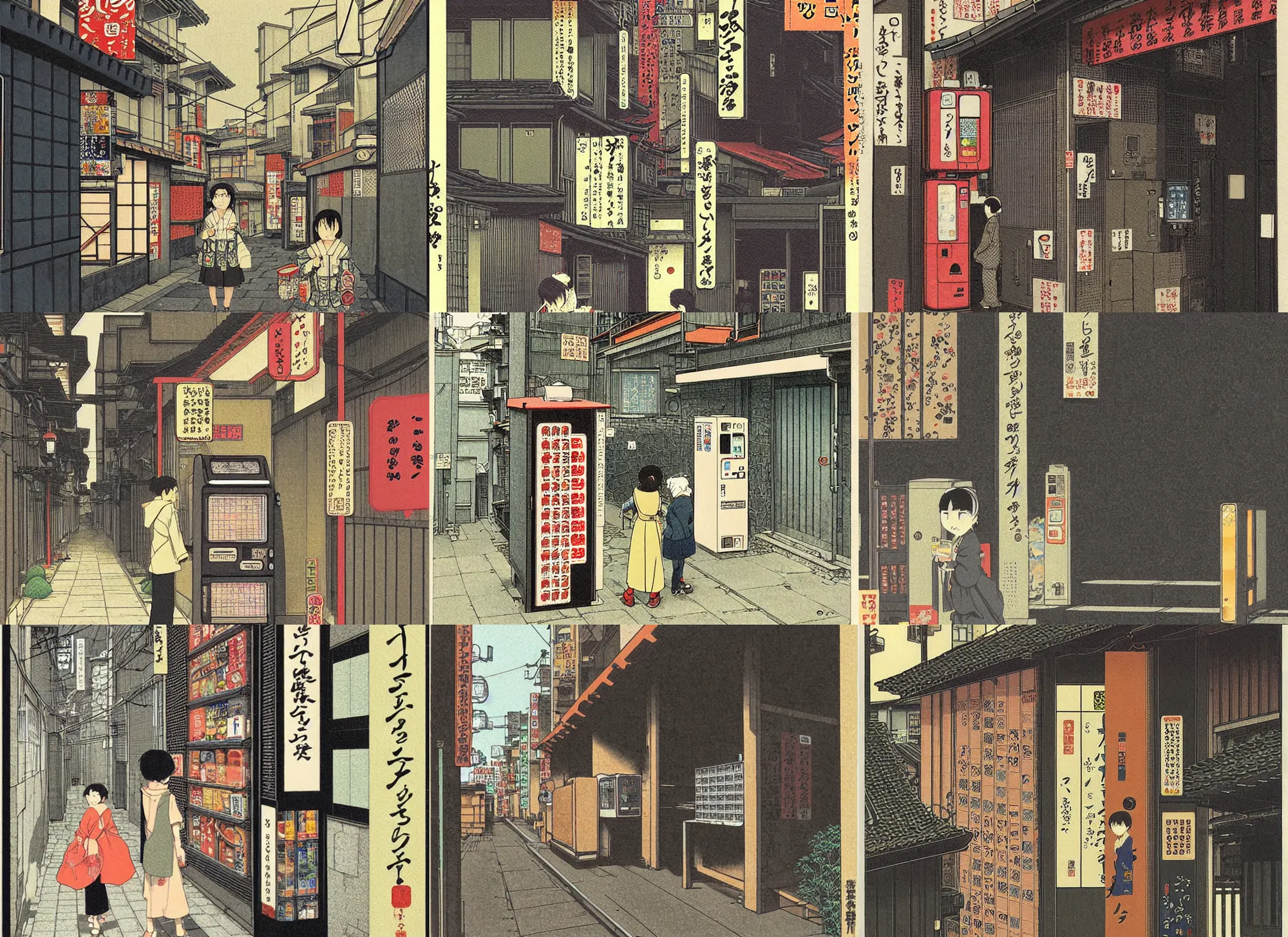 Prompt: tokyo alleyway with vending machine, by hasui kawase, takato yomamoto, beautiful