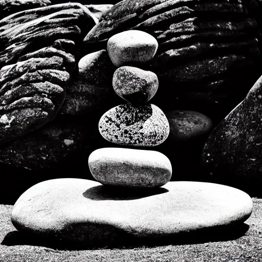 Prompt: zen cairn, black and white photo