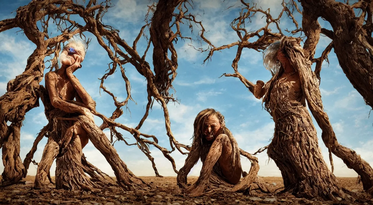 Image similar to 65-year-old tree-woman crying one single tear, facing the camera and sitting on a dried up river in a desolate land, blue sky, hot and sunny, highly-detailed, elegant, dramatic lighting, artstation, 4k, cinematic landscape, photograph